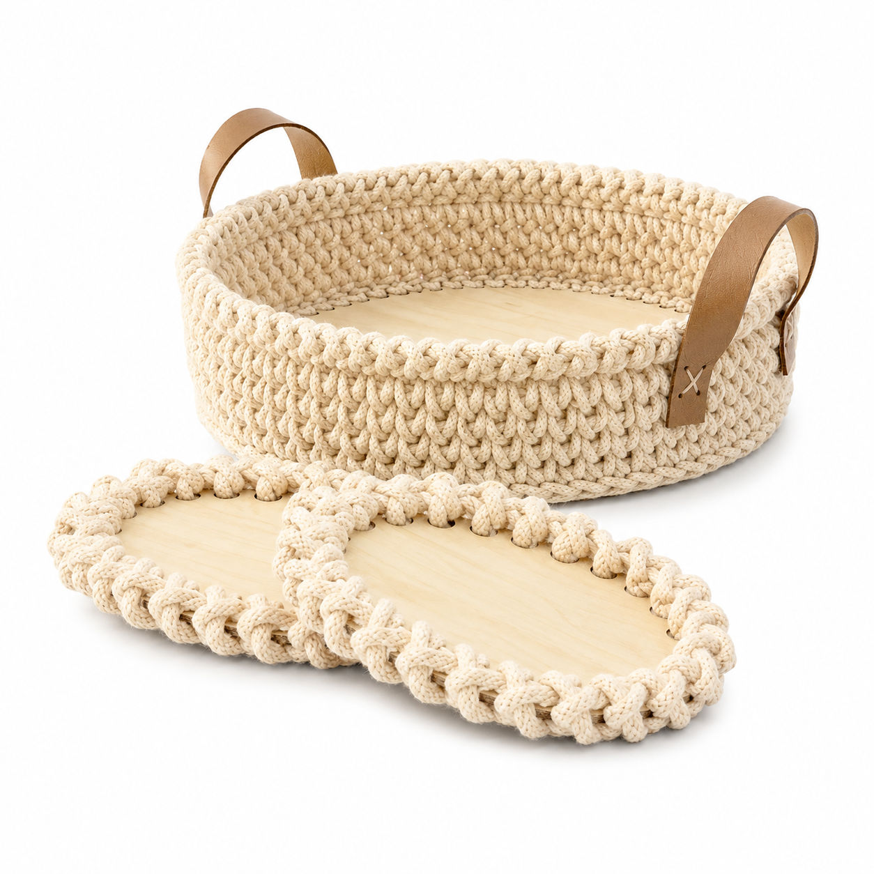 Cotton Handknitted Oval Tray with PU Handle